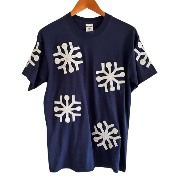 Unisex Jerzees Heavy Weight Cotton Blend Navy White Snowflake T-Shirt Size Med - Picture 2 of 7